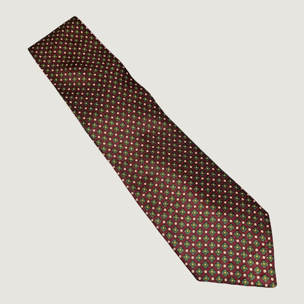 Lauren Ralph Lauren Tie OS Burgundy Green Medallion Geometric Silk Hand Finished